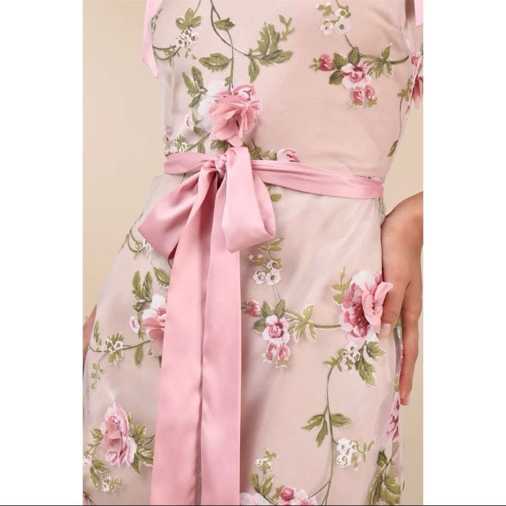 Lulu's Nude/Pink Floral Tie Strap Midi Dress Prom Wedding Guest Party Formal NEW - Picture 4 of 16